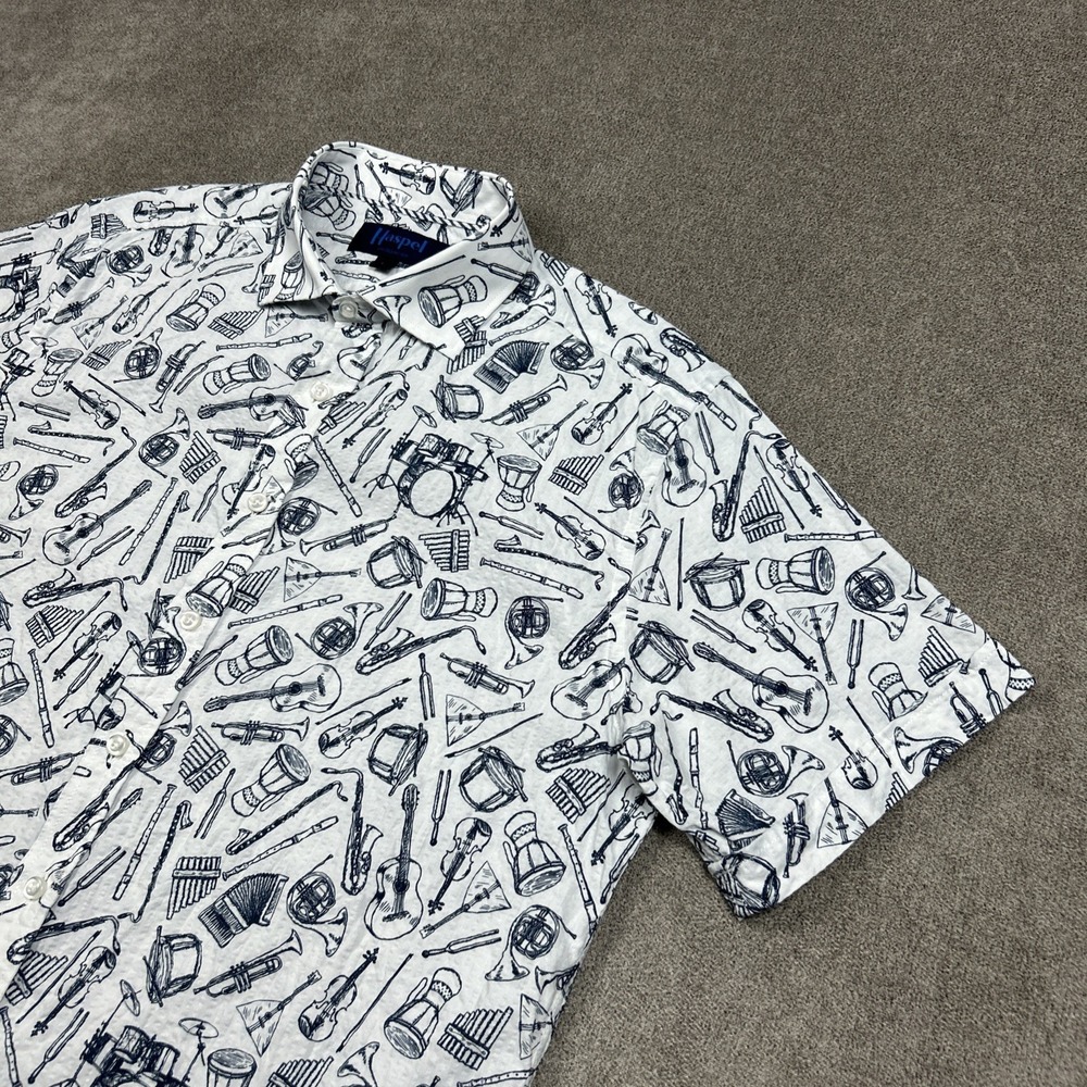 Haspel New Orleans Button Shirt Mens L White Jazz Instruments AOP Italy Made